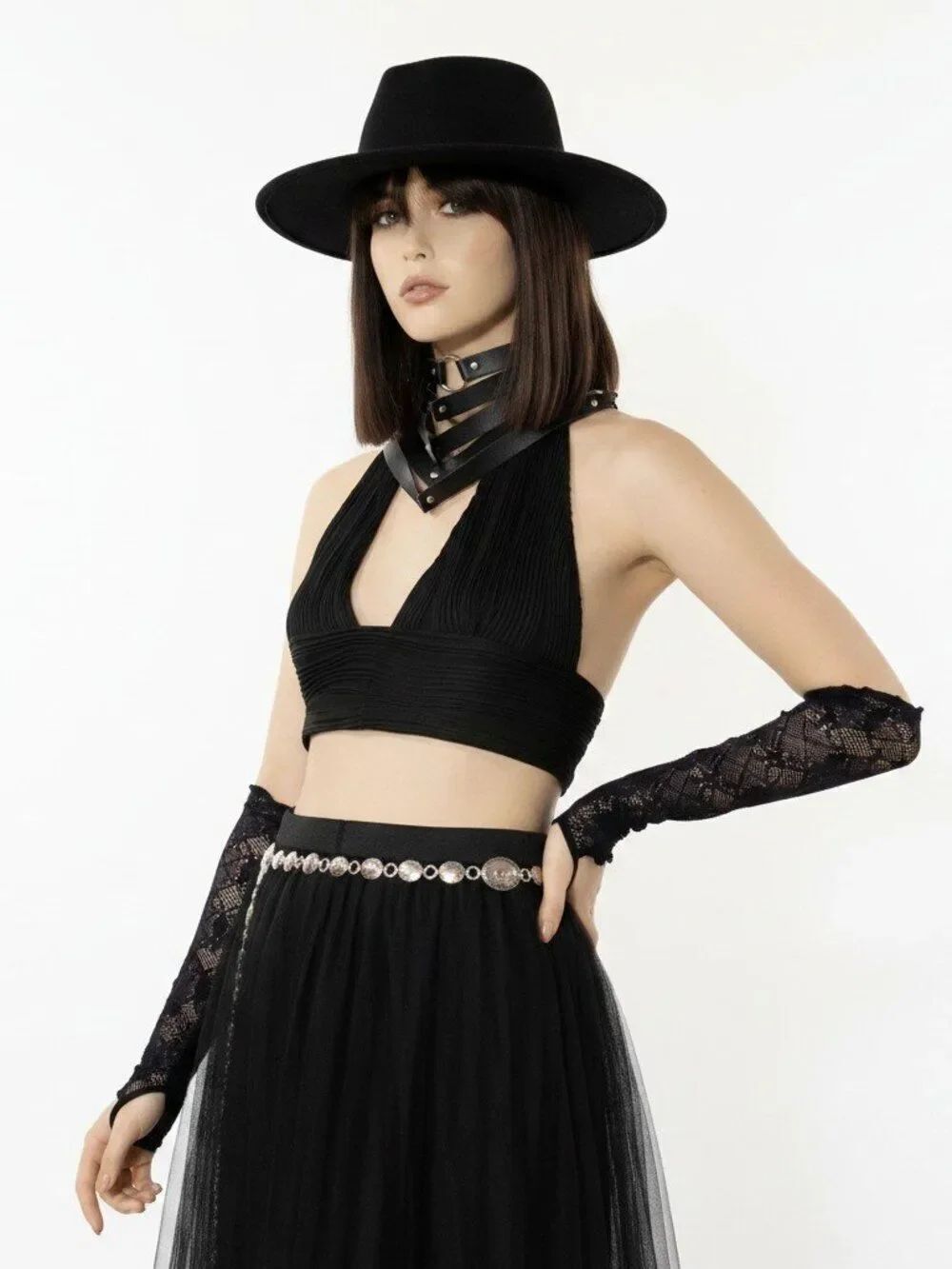 Black Backless V Neck Halter Crop Top Textured Ribbed Layering Shirt Large